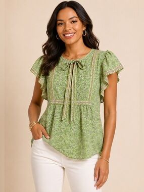 Max Studio Boho Floral Blouse M Green Blue Tie Neck Tulip Sleeve Top
